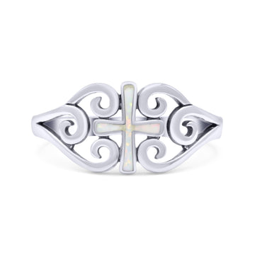 Cross Wedding Engagement Ring Lab Created White Opal 925 Sterling Silver